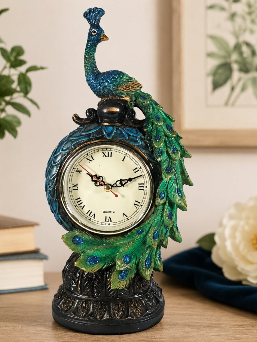 Cracker Barrel Peacock Table Clock Jeweled Resin Figurine Tested Works Ornate